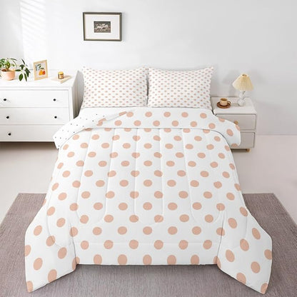 Manfei Polka Dots Pink White Comforter Set Twin Size,Geometric Circles Simple Art Bedding Set 2 Pcs for Boys Girls,Cute French Style Dots Cartoon Comforter,1 Pillowcase
