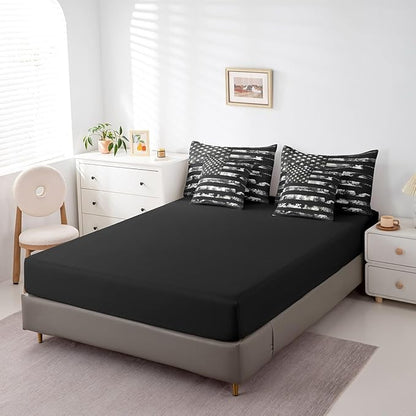 Erosebridal 7 Pcs Black Camo Comforter Set Twin Size,Camouflage American Flag Bed in a Bag with Flat Fitted Sheet for Kids and Adults,Retro USA Flag Bedding Set with Pillowcases and Cushion Cases