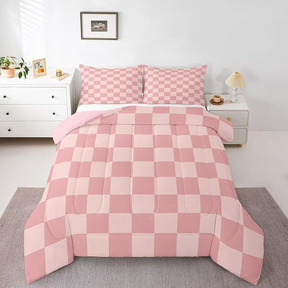 Feelyou Checkered Retro Bedding Set Teen Women Men Pink Gradient Plaid Comforter Set King Size Kids Boys Girls Geometric Vintage Duvet Insert Modern Simple Groovy Aesthetic Room Decor