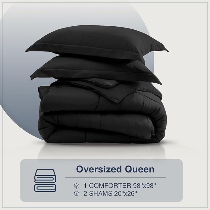 satisomnia Oversized Queen Comforter Set, Black Bedding Comforters Oversized Queen, 3 Pieces Down Alternative Bed Comforter Lightweight, Soft Bed Set Breathable Solid Black All Season Bedding Sets