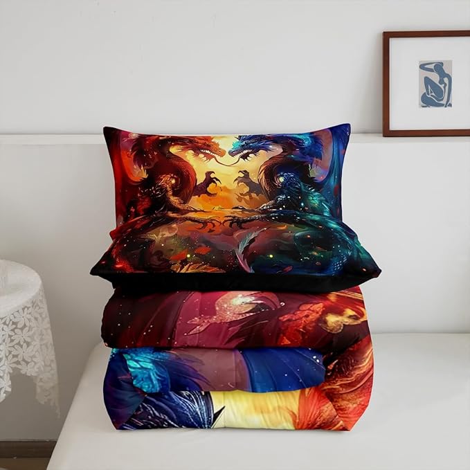 Feelyou Dragon Comforter Set Full Size Western Dragon Comforter for Boys Girls Teens Wildlife Bedding Set Wild Animal Duvet Set Room Decor Dark Orange Quilt Set