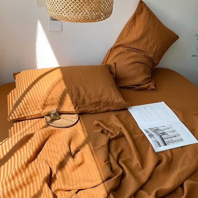 Simple&Opulence Washed Linen Bed Sheet Set Basic Style 4 Pieces (1 Flat Sheet & 1 Fitted Sheet & 2 Pillowcases) 100% Natural French Flax Soft Breathable Farmhouse Bedding (Queen, Rust)