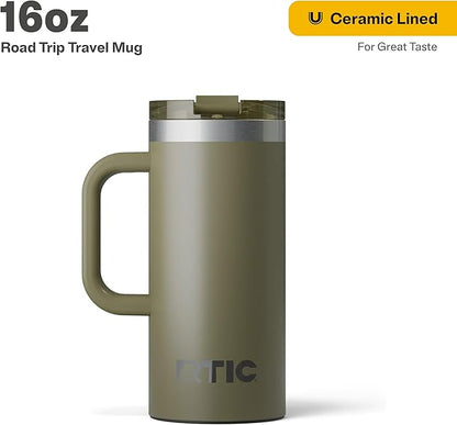 RTIC 16oz Road Trip Travel Mug with Lid and Handle, Ceramic Lined, Insulated, Stainless Steel, Metal, Double Wall Vacuum-Insulation, Portable Coffee, Tea Cup for Hot and Cold Drink, Olive