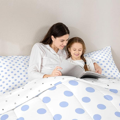 Manfei Blue Polka Dots Comforter Set,Geometric Circles Purple White Simple Art Bedding Set for Teens Young Room,French Style Dots Cartoon Cute Quilt Set 3 Pcs with 2 Pillowcases,Full