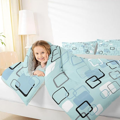 Erosebridal Aqua Geometric Square Bedding Set King Modern Stripes Aesthetic Comforter Set for Kids Girls Boys Modern Gradient Ombre Down Comforter Soft Teal Grid Quilt Duvet