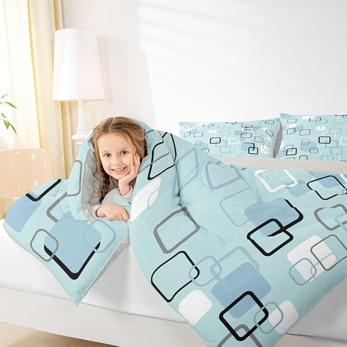 Erosebridal Aqua Geometric Square Bedding Set Queen Modern Stripes Aesthetic Comforter Set for Kids Girls Boys Modern Gradient Ombre Down Comforter Soft Teal Grid Quilt Duvet