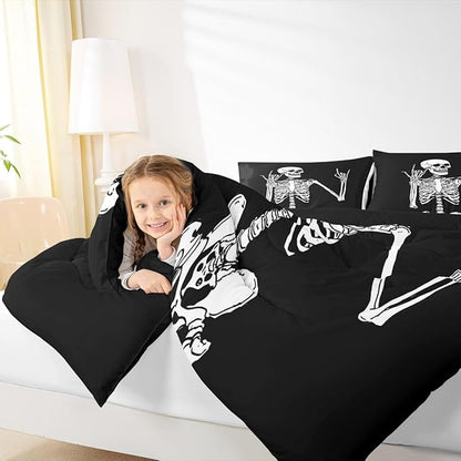 Erosebridal Gothic Skull Toddler Bedding Set, Halloween Rock Roll Music Hippie Posing Skeleon Comforter Set, Black Comforter, Funny Skull Skeleton Victory Quilt with 1 Pillowcase