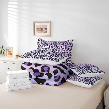 Feelyou Purple Leopard Bedding Set for All Season Cheetah 7 Pieces Comforter Sets Full Size Teens Room Decor Animal Print Bed in a Bag with Comforter, Sheets, Pillowcases & Cushion Cover