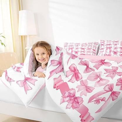 Castle Fairy Pink Bow Comforter Set King Size,Pink Grid Bedding Set 3Pcs for Kids Teens Adults Room Decor,Cute Bow Down Comforter Fashion Preppy Bedding Comforters,2 Pillowcases