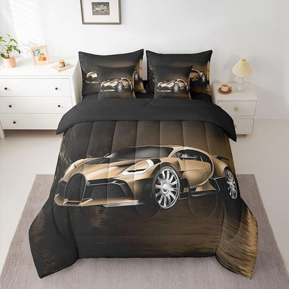 Feelyou Sports Car 7 Piece Bedding Set Brown Race Car Comforter Set with Sheets for Kids Boys Girls Extreme Sports Bed in a Bag Cool Speed Luxury Car Decor Quilt with 2 Pillowcases Queen