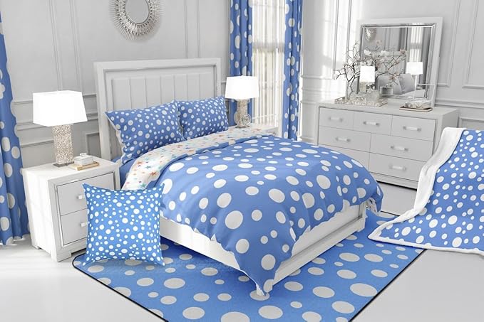 Manfei White Polka Dots Teens Comforter Set,French Style Cute Dots Print Bedding Set All Season,Blue White Simple Geometric Circles Comforter 3 Pcs with 2 Pillowcases,Queen Size