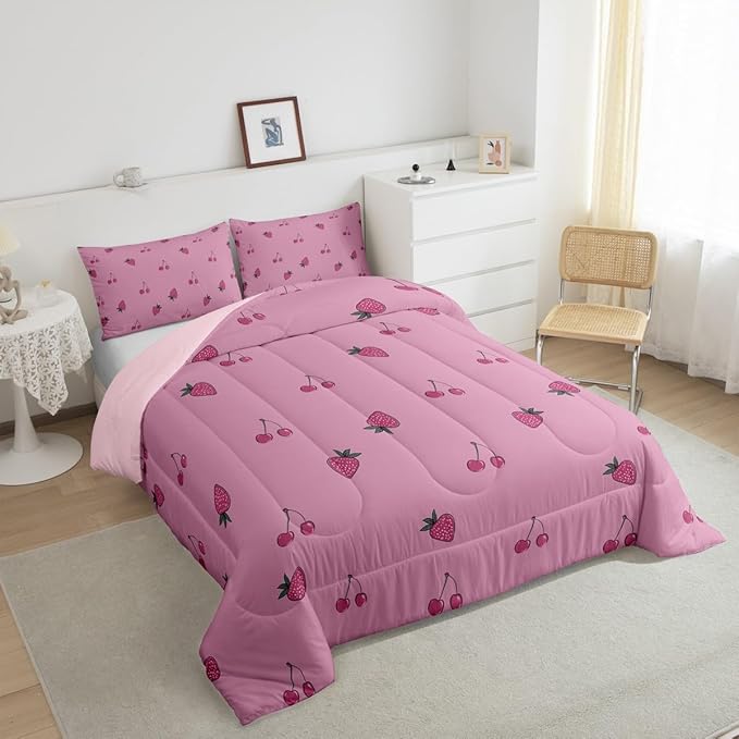 Kids Kawaii Bedding Set Twin Size Cute Strawberry Comforter Set Girls Down Comforter Room Decor Cartoon Fruit Quilt Set Girly Strawberry Cherry Duvet Set Lovely Pink White With 1 Pillowcase