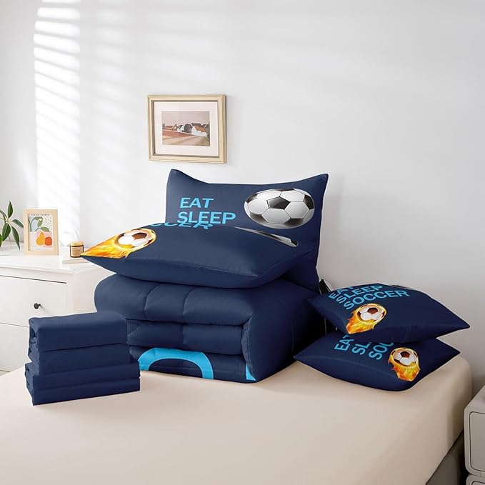 Feelyou Soccer Ball Bed in a Bag Kids Football Bedding Set Boys Girls Soccer Ball Lover Comforter Set King Size 7 Pieces Sports Bed Set with Comforter, Sheet Set, Pillowcases, Pillow Covers