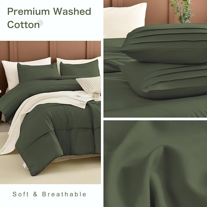 CozyTide Cotton King Size Comforter Set(106"x95"),Olive Green Pinch Pleated Bedding Set,3 Pieces Lightweight Dark Green Cal King Bedding Comforter Set Ultra Soft