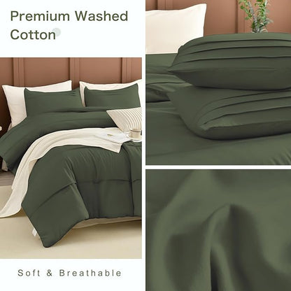 CozyTide Cotton King Size Comforter Set(106"x95"),Olive Green Pinch Pleated Bedding Set,3 Pieces Lightweight Dark Green Cal King Bedding Comforter Set Ultra Soft