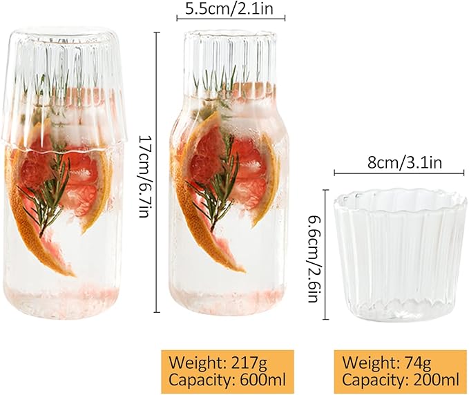 Bedside Carafe and Glass Cup, Bedside Water Carafe with Tumbler, 20oz Bedside Carafe with Cup for Guest Room Bathroom Living Room (D)