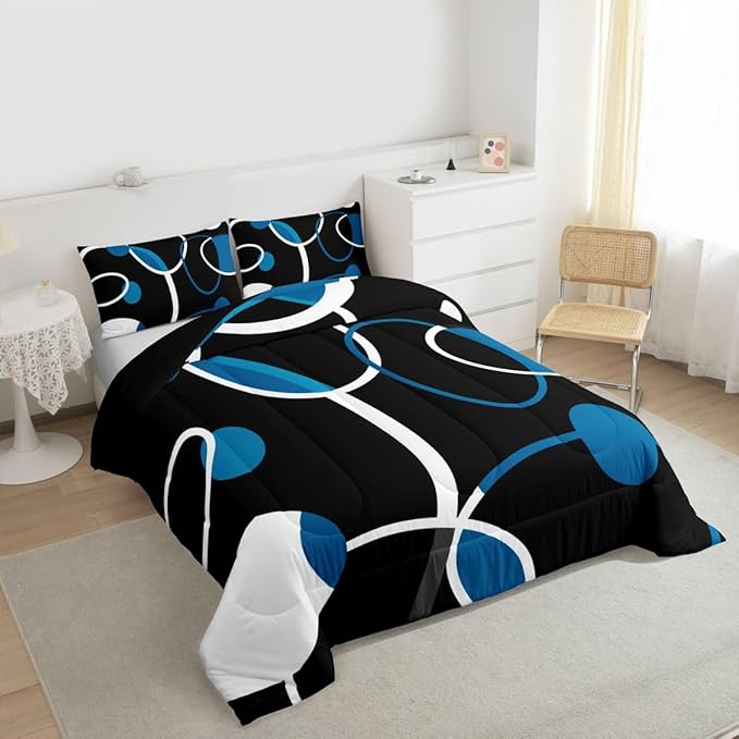 Erosebridal Circle Comforter Set Queen Modern Bedding Navy White Black, Abstract Art Down Comforter Geometric Line Bed Set, Aesthetic Quilted Duvet Ultra Soft Cozy Breathable Room Decoratives