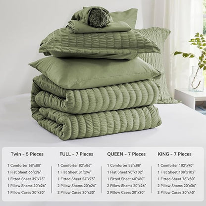 Zzlpp King Size Comforter Set 7 Pieces, Olive Green Seersucker Bed in a Bag with Sheets, All Season Bedding Sets with 1 Comforter, 2 Pillow Shams, 2 Pillowcases, 1 Flat Sheet, 1 Fitted Sheet