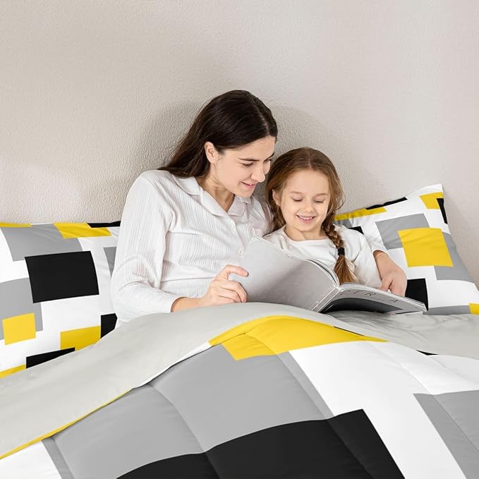 Castle Fairy Yellow Grey White Kids Comforter Set,Geometric Grid Square Splicing Bedding Set All Season,Modern Abstract Comforter 2 Pcs with 1 Pillowcase,Toddler Size