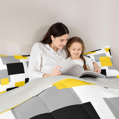 Castle Fairy Yellow Grey White Twin Size Comforter Set,Geometric Grid Square Splicing Quilt Set Soft Bed Collection,Modern Abstract Bedding Comforter for Boys Girls Room Decor,2 Pcs