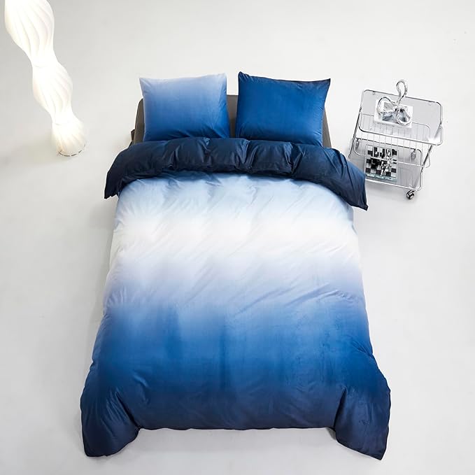 KAREVER Blue White Gradient Comforter Set - Full Size Blue Velvet & White Gradient Quilt - Farmhouse Flannel Comforter