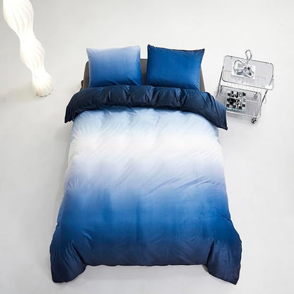 KAREVER Blue White Gradient Velvet Bedding Set King - Modern Plain Royal Blue Soft Quilt Farmhouse Flannel Comforter Warm King Bed
