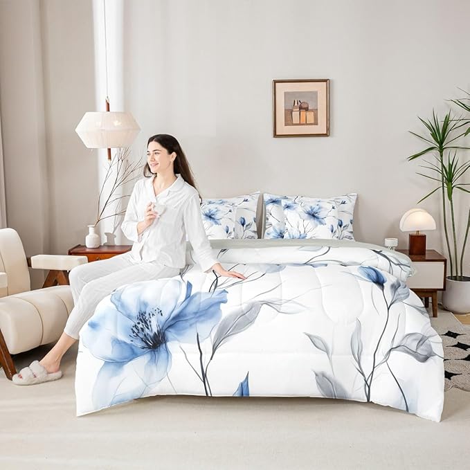 Erosebridal Blue and Grey Twin Comforter Set with Sheets,Boho Watercolor Floral 7 Piece Bedding Set | Ink Painting Style Blossom & Leaf Bed in A Bag for Chic Artistic Elegant Bedroom