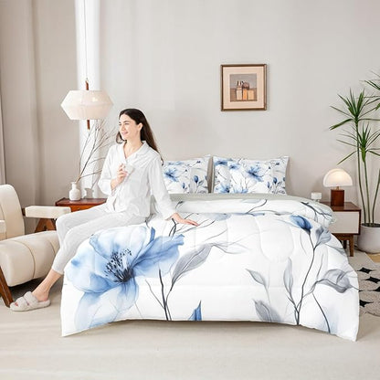 Erosebridal Blue and Grey Twin Comforter Set with Sheets,Boho Watercolor Floral 7 Piece Bedding Set | Ink Painting Style Blossom & Leaf Bed in A Bag for Chic Artistic Elegant Bedroom