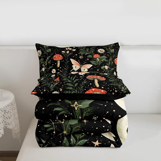 Erosebridal Red Mushroom Bedding Set Toddler for Kids, Gothic Moth Comforter Set Butterfly Vintage Plants Boho Floral Comforter for Boys Girls Teens Women Men, Moon and Starry Star Black Quilt