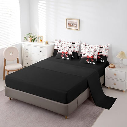 Feelyou Twin Size Valentine's Day Comforter Set with Sheets Boys Girls Red Bowknot 7 Piece Bedding Set for Adult Women Men Love Theme Bed in a Bag Black White Bed Set