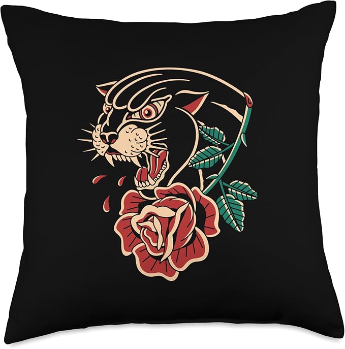 Panther Rose American Traditional Tattoo Ink Old School Throw Pillow
