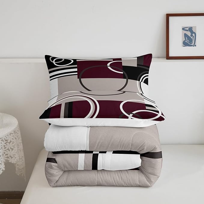 Erosebridal Modern Purple Grey Black Stripe Comforter Set Geometric Down Comforter Queen Size Retro Circle Swirls Bedding Set Bedroom Decor Abstract Texture Color Art Duvet Set for Kids Adult