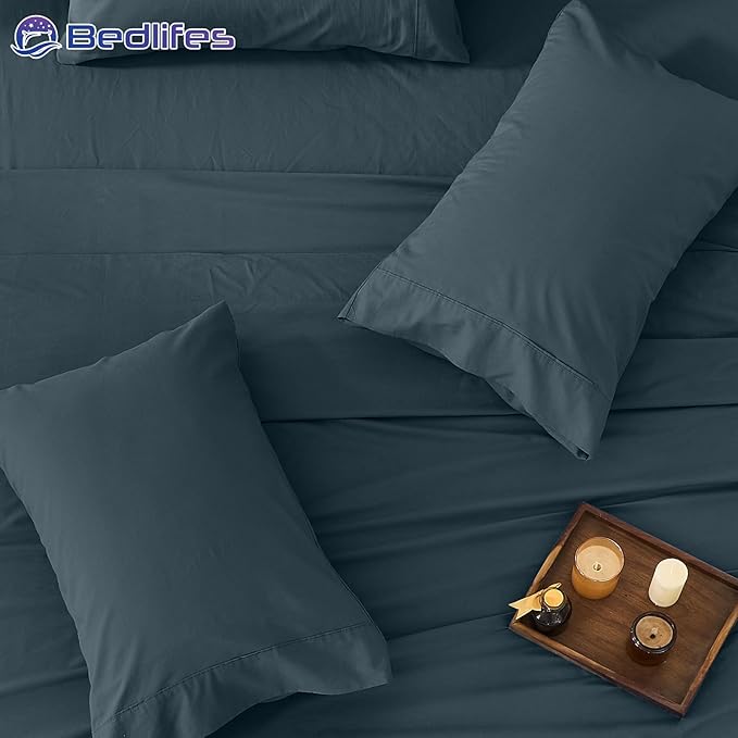 Bedlifes 100% French Pure Linen Sheets Queen Size Breathable and Cooling Flax Sheet Set Soft Durable and Moisture Wicking 16 Inch Deep Pocket-4 Piece(Queen,Cool Gray)