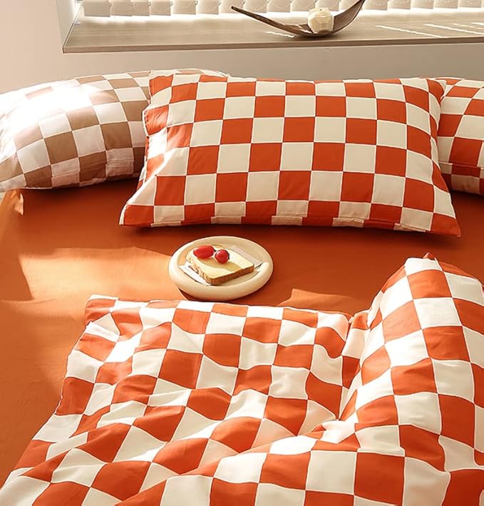 KAREVER Orange White Grid Comforter Set King Burnt Orange Plaid Bedding Set Women Reddish and White Checkered Bed Comforter Set Breathable Blanket Set Men Durable Bedding Comforter Set