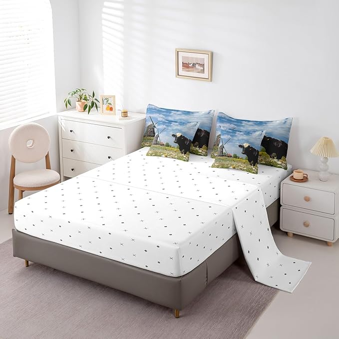 Erosebridal 7Pcs Full Comforter Set with Sheets, Rustic Cow Print Bedding Set for Kids, Windmill Decor Natural Dandelion Bed in a Bag Comforter Sets for Boys Girls Farmhouse Decor