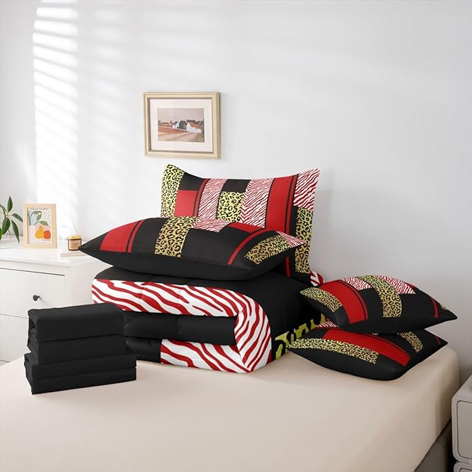 Erosebridal Leopard Print Stripes Girly Red Gold Comforter Set Queen Size 7 Pieces | Fur Pattern Geometric Bed in A Bag Women Men Adults Bed Set Zebra Cheetah Wild Animal Skin Bedding