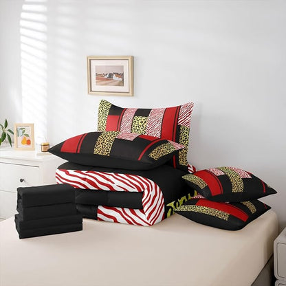 Erosebridal Leopard Print Stripes Girly Red Gold Comforter Set Queen Size 7 Pieces | Fur Pattern Geometric Bed in A Bag Women Men Adults Bed Set Zebra Cheetah Wild Animal Skin Bedding