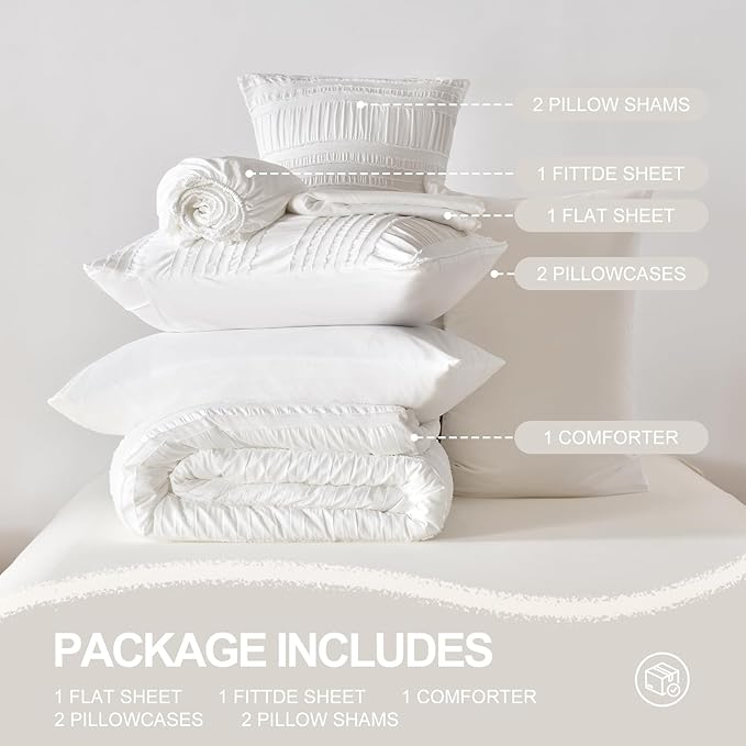White Tufted Comforter Set King Size 7 Piece Bed in a Bag，Shabby Chic Boho Bedding for Bedroom Comforter，All Season Soft Microfiber Ruffle Comforter Set with Pillow and Sheets