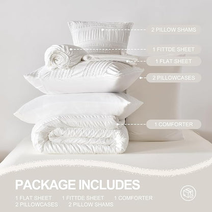 White Tufted Comforter Set King Size 7 Piece Bed in a Bag，Shabby Chic Boho Bedding for Bedroom Comforter，All Season Soft Microfiber Ruffle Comforter Set with Pillow and Sheets