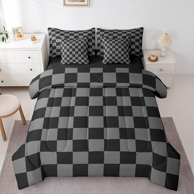 Checkered Retro Comforter Set Twin Size 7 Pieces Black Grey Plaid Bedding Set for Kids Boys Girls Geometric Vintage Bed in a Bag Modern Simple Groovy Aesthetic Bedroom Decor Quilted Lightweight