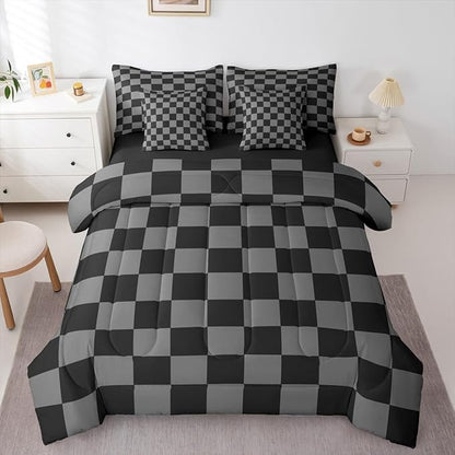 Checkered Retro Comforter Set Twin Size 7 Pieces Black Grey Plaid Bedding Set for Kids Boys Girls Geometric Vintage Bed in a Bag Modern Simple Groovy Aesthetic Bedroom Decor Quilted Lightweight