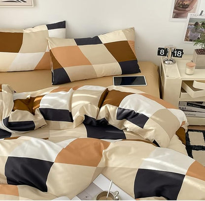 CLOTHKNOW Brown Beige Grid Queen Comforter Set 3Pcs Plaid Bedding Comforter Sets Checker Queen Comforter Black Checker Colorful Queen Size Comforter Sets