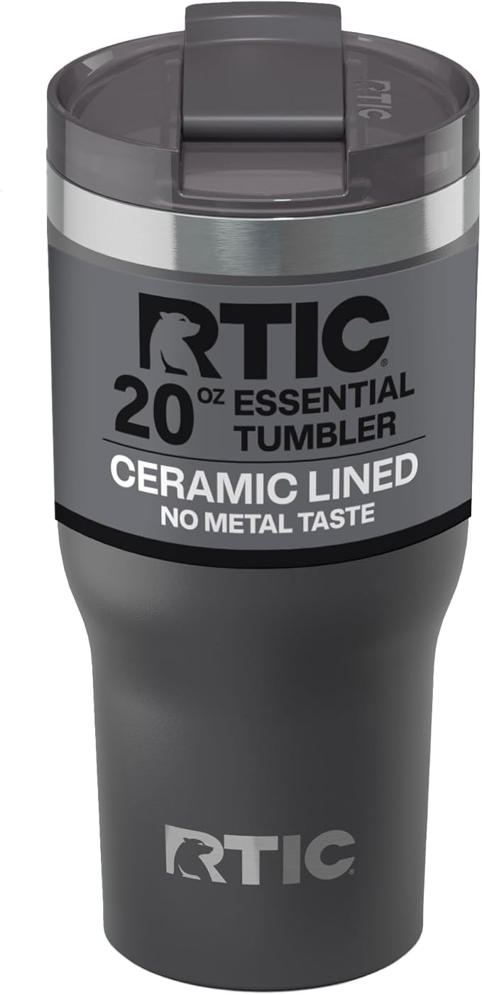 RTIC 20oz Essential Tumbler with Lid, Ceramic Lined, Insulated, Stainless Steel, Metal, Double Wall Vacuum-Insulation, Travel Cup for Iced Coffee, Tea, Hot and Cold Drink, Graphite