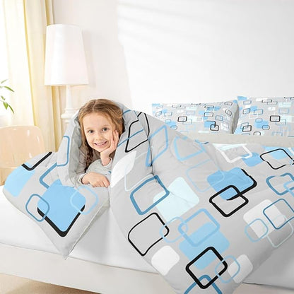 Erosebridal Cool Blue Geometric Square Kids Comforter Sets Abstract Minimalist Stripes Queen Bedding Set for Girls Boys Modern Plaid Comforter Set Checkered Aesthetic Quilt Duvet 3 Pcs