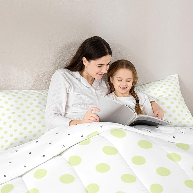 Manfei Cute Polka Dots Comforter Set Queen Size,Cartoon Dots French Style Lovely Bedding Set for Teens Adults,Geometric Circles Yellow Green White Simple Art Comforter,3 Pcs 2 Pillowcases