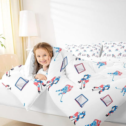 Manfei Hockey Players Kids Comforter Set Queen Size, Bedding Set,Girls Boys Room Decor,Winter Sports Games Quilt Comforter,White Blue Duvet Set Bedroom Quilt Set,2 Pillowcases