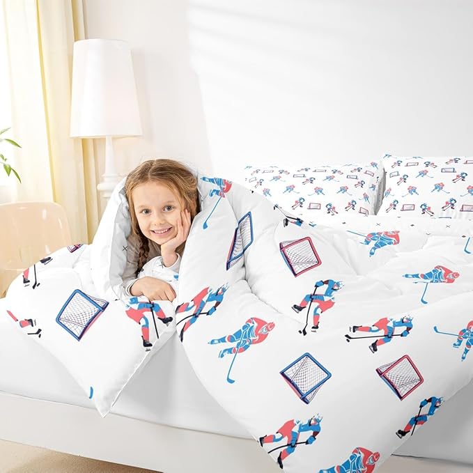 Hockey Players Kids Bedding Set King Size, Comforter Set,Winter Sports Games Quilt Comforter,White Blue Bedroom Duvet Insert,2 Pillowcases