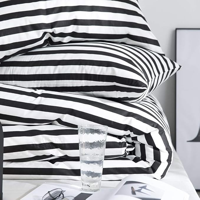 Cottonight Striped Comforter Set Queen White and Black Striped Comforter Full Vertical Modern Cotton Soft Breathable Bedding Comforter Set for Women Men Adults Kids