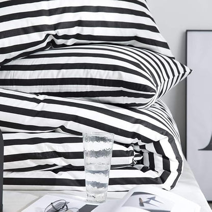 Cottonight Striped Comforter Set Queen White and Black Striped Comforter Full Vertical Modern Cotton Soft Breathable Bedding Comforter Set for Women Men Adults Kids