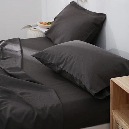 Simple&Opulence Belgian Linen Sheet Set Solid Color - 3 Pieces (1 Flat Sheet, 1 Fitted Sheet & 1 Pillowcase) Natural Flax Cotton Blend Soft Breathable Farmhouse Bedding - Twin Size, Dark Grey